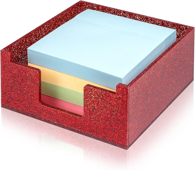 Luminzo Red Sparkling Sticky Note Holder, Glitter Acrylic Organizer, 3.94 x 3.94 in Multi-Use Tray for Office, School & Home Desk - Image 1